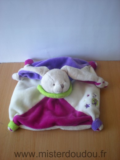 Doudou Lapin Baby nat Blanc violet fushia vert 