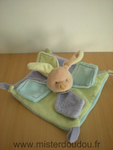 Doudou Lapin Baby nat Bleu mauve vert 