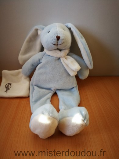 Doudou Lapin Baby nat Bleu mouchoir blanc echarpe blanche 