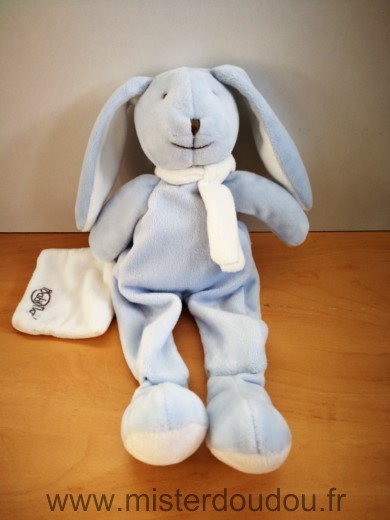 Doudou Lapin Baby nat Bleu mouchoir blanc echarpe blanche 