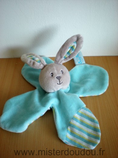 Doudou Lapin Baby nat Bleu turquoise petales raye bleu jaune blanc 