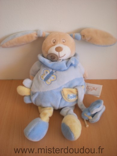 Doudou Lapin Baby nat Milo bleu jaune papillion 