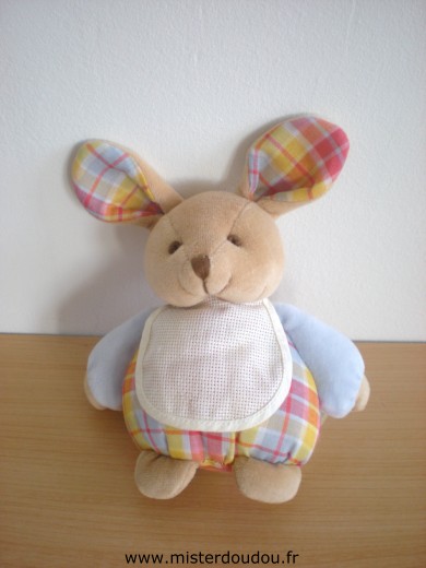 Doudou Lapin Baby nat Carreaux jaune bleu rouge bras bleus bavoir à broder 