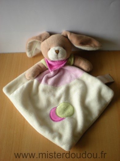 Doudou Lapin Baby nat Ecru beige rose vert foulard rose 