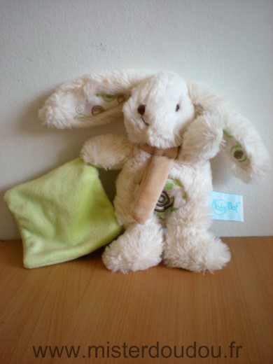 Doudou Lapin Baby nat Ecru blanc mouchoir vert echarpe marron spirale 