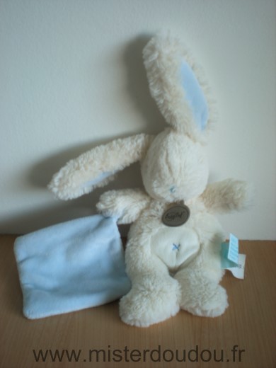 Doudou Lapin Baby nat Ecru mouchoir bleu 