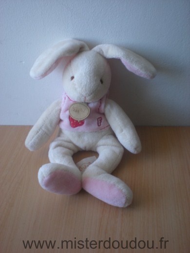 Doudou Lapin Baby nat Ecru tshirt rose avec une fraise 