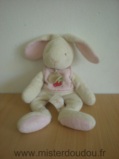 Doudou Lapin Baby nat Ecru tshirt rose motif fraise 