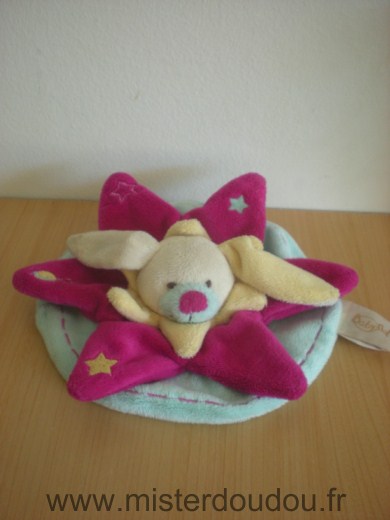 Doudou Lapin Baby nat Etoile fushia oreilles jaunes base ronde turquoise 