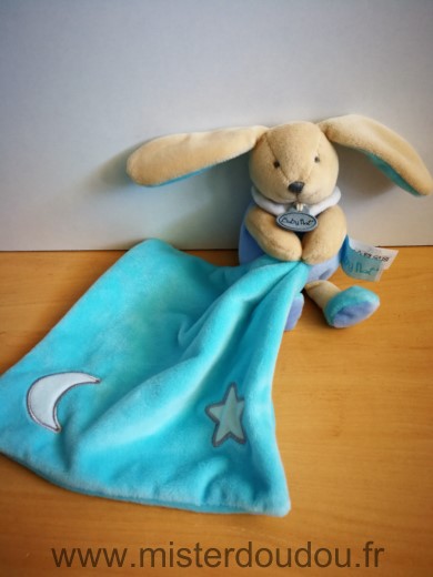 Doudou Lapin Baby nat Mauve mouchoir bleu lune etoile luminescent 