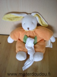 Doudou Lapin Baby nat Orange blanc jaune vert mouchoir blanc 