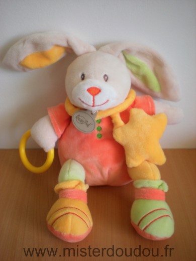 Doudou Lapin Baby nat Orange jaune etoile anneau jaune 