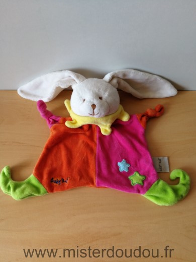 Doudou Lapin Baby nat Orange rose col jaune etoiles 