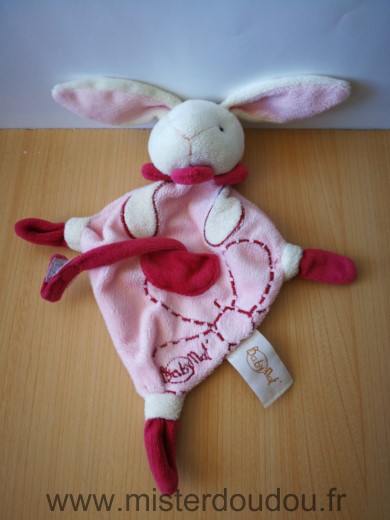 Doudou Lapin Baby nat Rose blanc attache sucette 