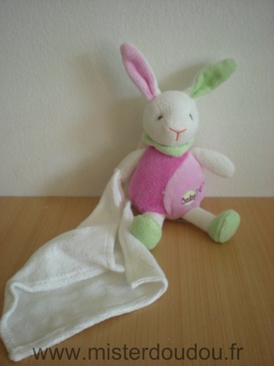 Doudou Lapin Baby nat Rose vert blanc mouchoir blanc 