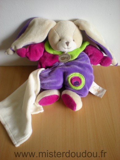 Doudou Lapin Baby nat Rose violet vert mouchoir blanc 