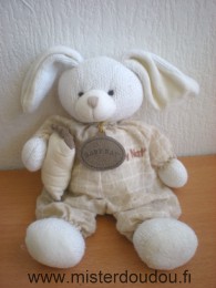 Doudou Lapin Baby nat Tricot blanc tissus marron clair à carreaux Tissus bouloché