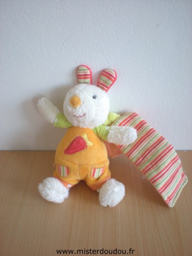 Doudou Lapin Baby sun Blanc orange vert avec attache scratch 