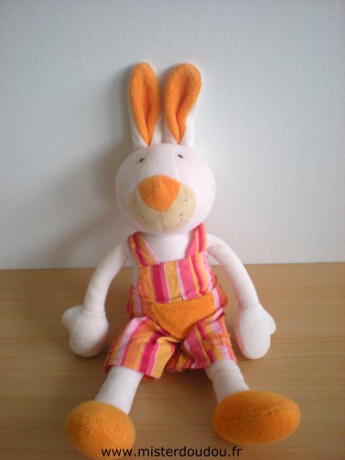 Doudou Lapin Baby sun Blanc salopette rayée rose jaune orange 