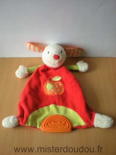 Doudou Lapin Baby sun Rouge blanc vert pomme orange anneau dentaire 