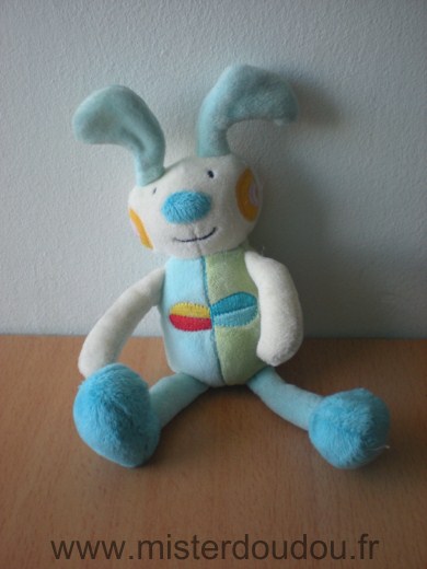 Doudou Lapin Bawi Bleu vert blanc jaune 