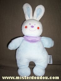 Doudou Lapin Bébérêve Bleu clair foulard violet Avec des moustaches violettes et joues oranges