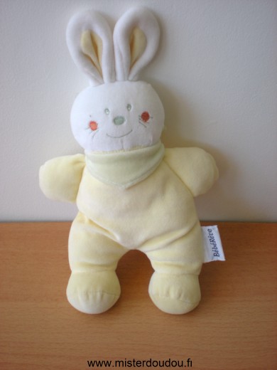 Doudou Lapin Bébérêve Jaune blanc foulard vert 