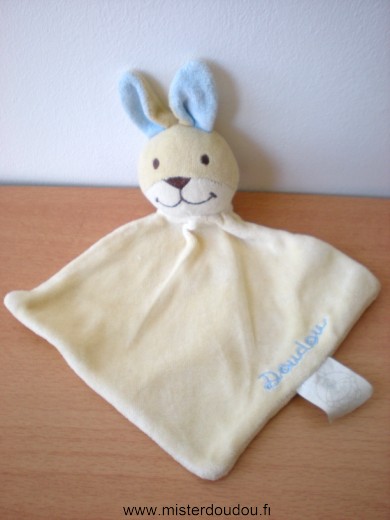 Doudou Lapin Bengy Jaune oreilles bleus brodé doudou 