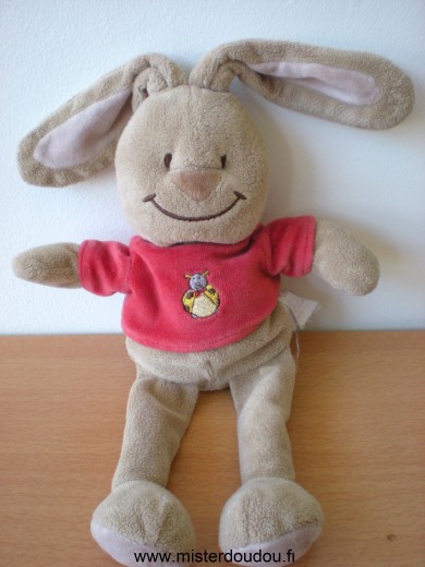 Doudou Lapin Bengy Marron tshirt rouge avec coccinelle jaune 