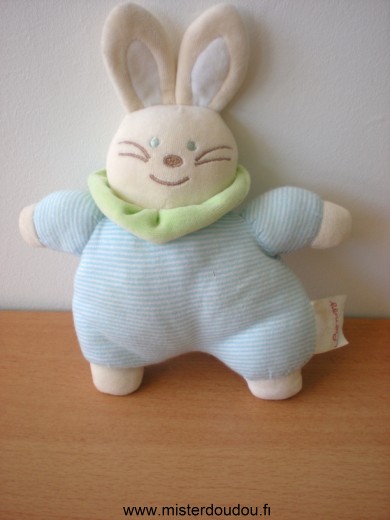 Doudou Lapin Bengy Rayé bleu blanc col vert 