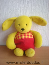 Doudou Lapin Berchet Jaune rouge Bon état général mais grelot ou boite sonore dans le ventre ne fonctionne pas.