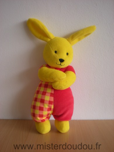 Doudou peluche lapin boule, jaune bleu rouge, bandana rouge, Kaloo - sos  doudou perdu, www.doudoupeluche.fr