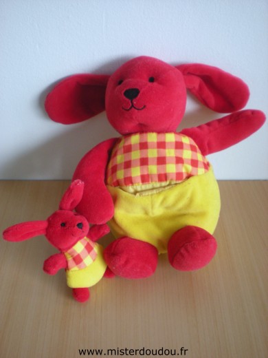 Doudou Lapin Berchet Rouge jaune Boite sonore dans le ventre qui n 'a pas l'air de fonctionner