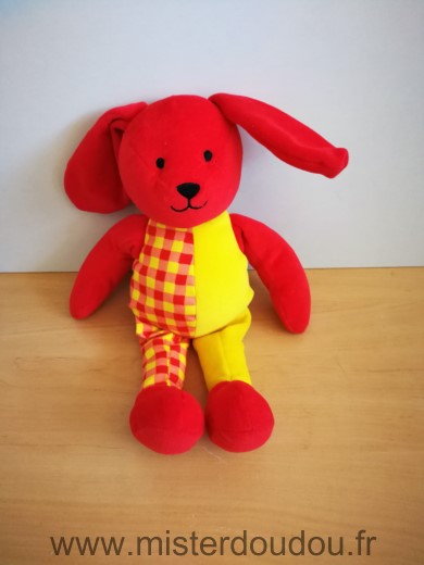 Doudou Lapin Berchet Rouge jaune carreaux 