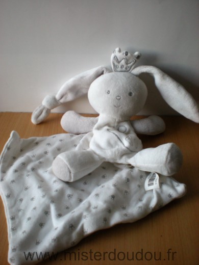 Doudou Lapin Berlingot Blanc gris roi couronne mouchoir 