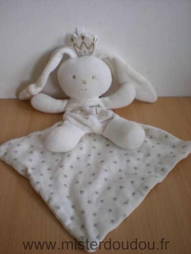 Doudou Lapin Berlingot Lapin roi blanc dore mouchoir couronne 