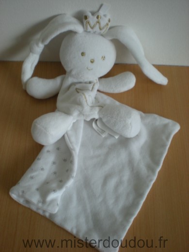 Doudou Lapin Berlingot Lapin roi blanc dore mouchoir couronnes 