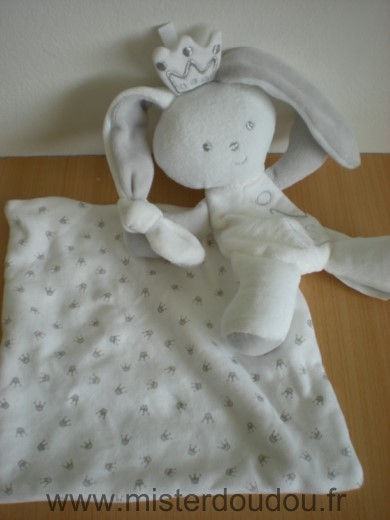 Doudou Lapin Berlingot Lapin roi blanc gris  mouchoir couronnes 