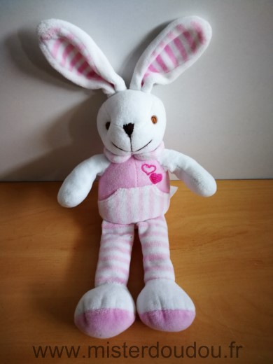 Doudou Lapin Biederlack Rose blanc coeurs 