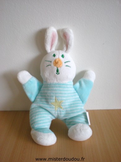 Doudou Lapin Bmf Bleu rayé blanc avec etoile jaune 