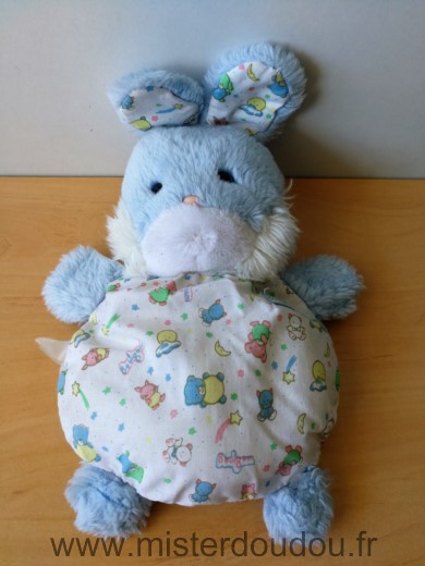 Doudou Lapin Boulgom Peluche bleu blanc tissus motifs etoiles 