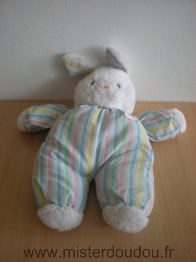 Doudou Lapin Boulgom Tête en peluche blanche, corps rayé rose vert bleu 