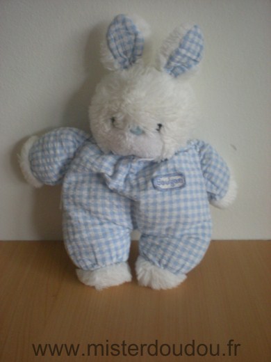 Doudou Lapin Boulgom Vichy bleu tête en peluche blanche 