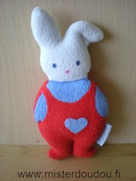 Doudou Lapin Bout chou Blanc bleu rouge en éponge Pouet dans le ventre