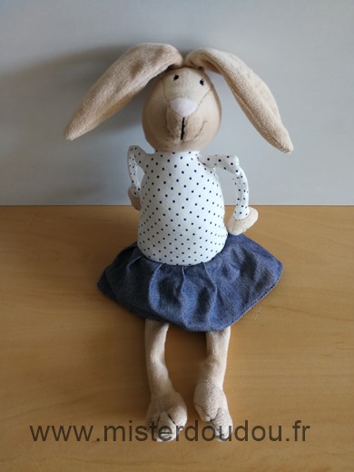 Doudou Lapin Bout chou Blanc points bleu jupe jeans 