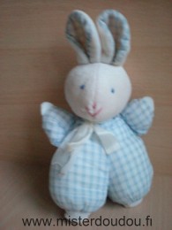 Doudou Lapin Calidoux Vichy bleu blanc ruban blanc Yeux brodés bleus et nez et bouche brodés rose