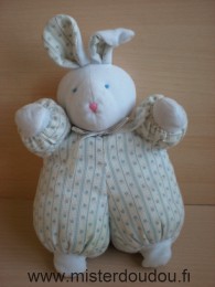 Doudou Lapin Calin et bisous Blanc motifs bleus roses Bon état général sauf une oréole en bas de la jambe