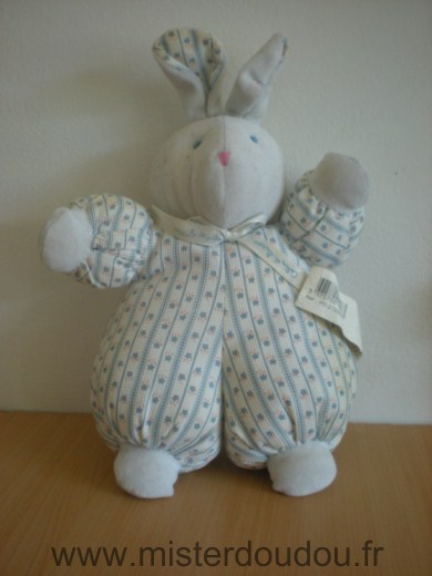 Doudou Lapin Calin et bisous Bleu blanc fleurs 