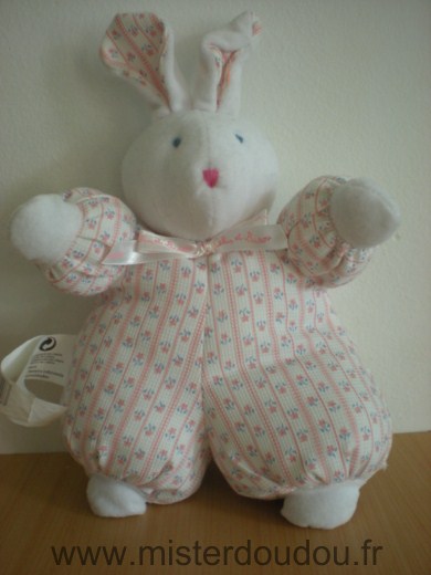 Doudou Lapin Calin et bisous Rose blanc fleurs 