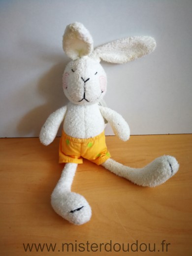 Doudou Lapin Carré blanc Blanc short jaune vert 